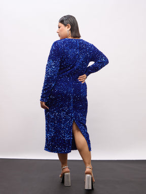 Royal Blue Velour Sequence Square Neck Midi Dress-SASSAFRAS Curve