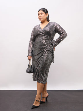 Black Sequence Wrap Midi Dress-SASSAFRAS Curve