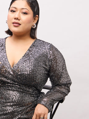 Black Sequence Wrap Midi Dress-SASSAFRAS Curve