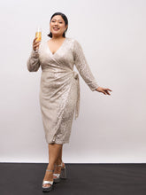 Champagne Gold Sequence Wrap Midi Dress-SASSAFRAS Curve