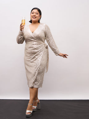 Champagne Gold Sequence Wrap Midi Dress-SASSAFRAS Curve