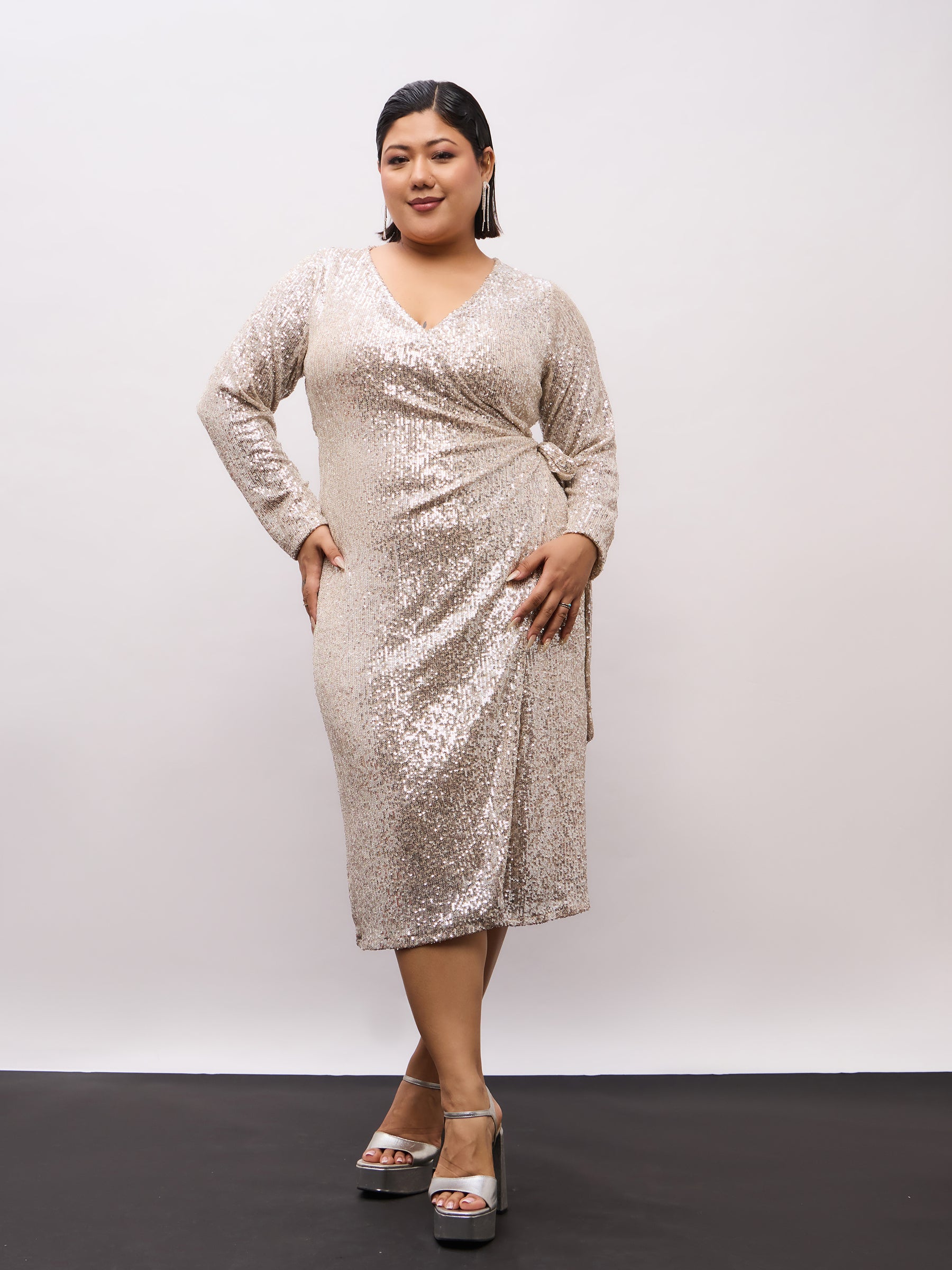 Champagne Gold Sequence Wrap Midi Dress-SASSAFRAS Curve