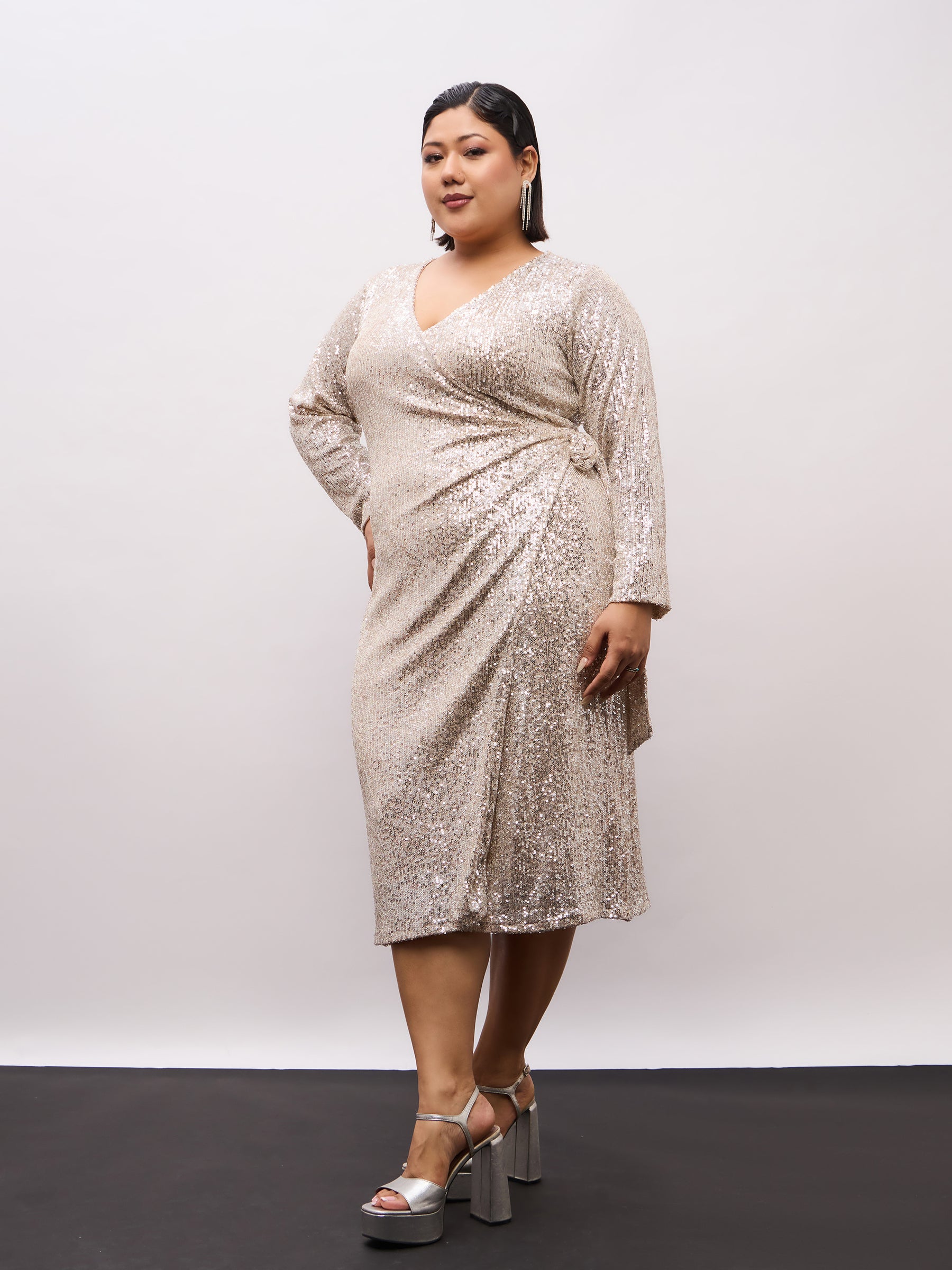 Champagne Gold Sequence Wrap Midi Dress-SASSAFRAS Curve