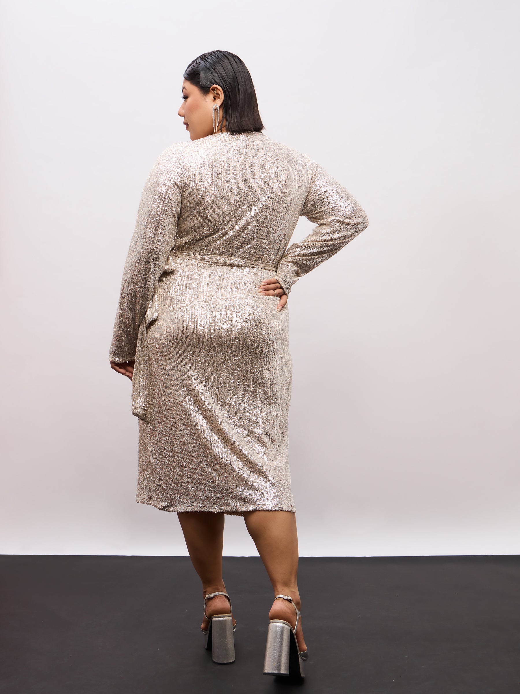 Champagne Gold Sequence Wrap Midi Dress-SASSAFRAS Curve