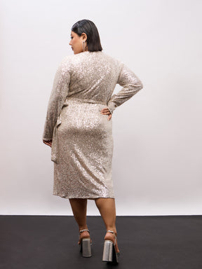 Champagne Gold Sequence Wrap Midi Dress-SASSAFRAS Curve