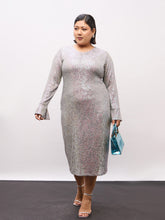 Grey Rainbow Sequence Full Sleeves Midi Dress-SASSAFRAS Curve