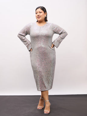 Grey Rainbow Sequence Full Sleeves Midi Dress-SASSAFRAS Curve