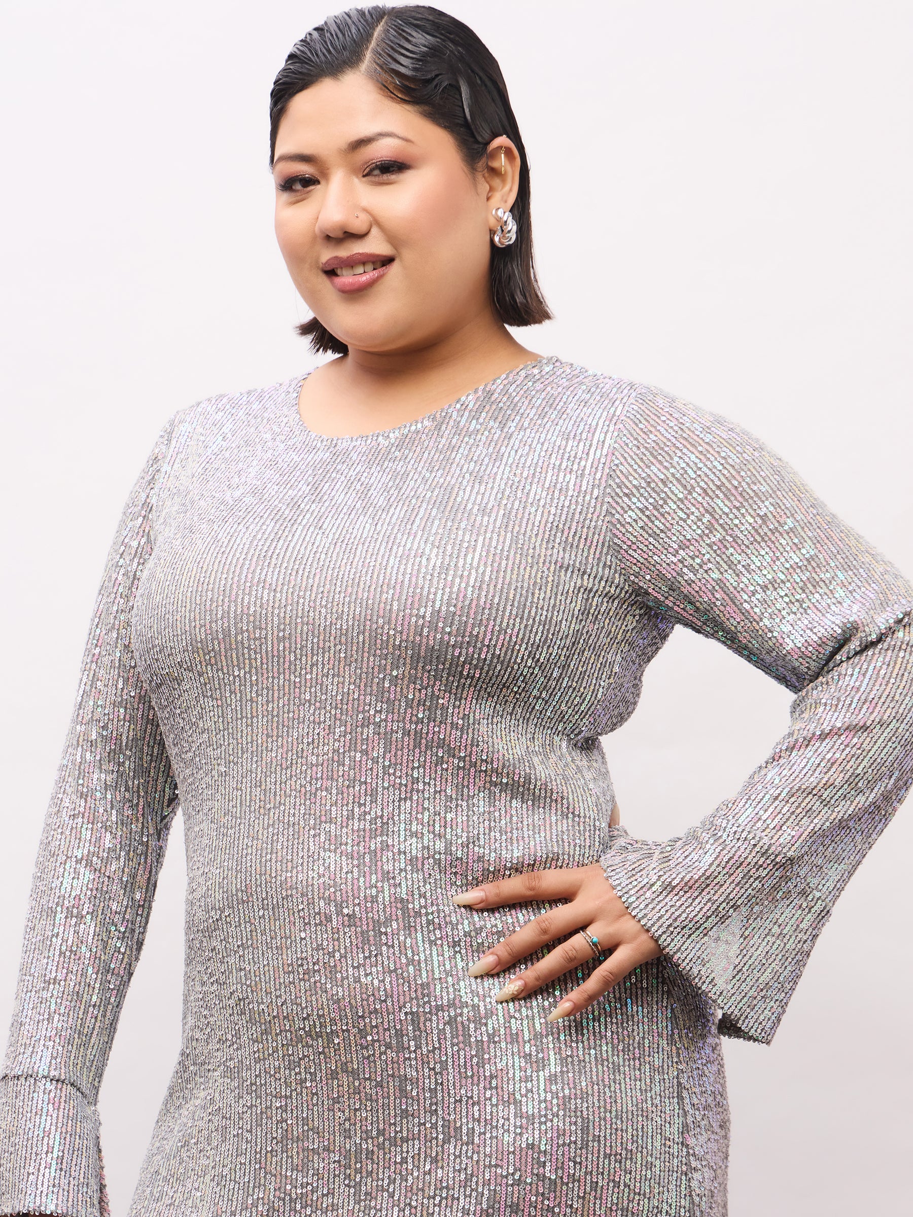 Grey Rainbow Sequence Full Sleeves Midi Dress-SASSAFRAS Curve