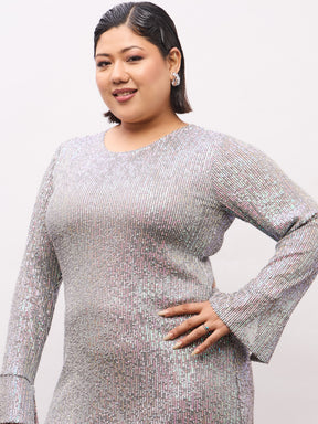 Grey Rainbow Sequence Full Sleeves Midi Dress-SASSAFRAS Curve