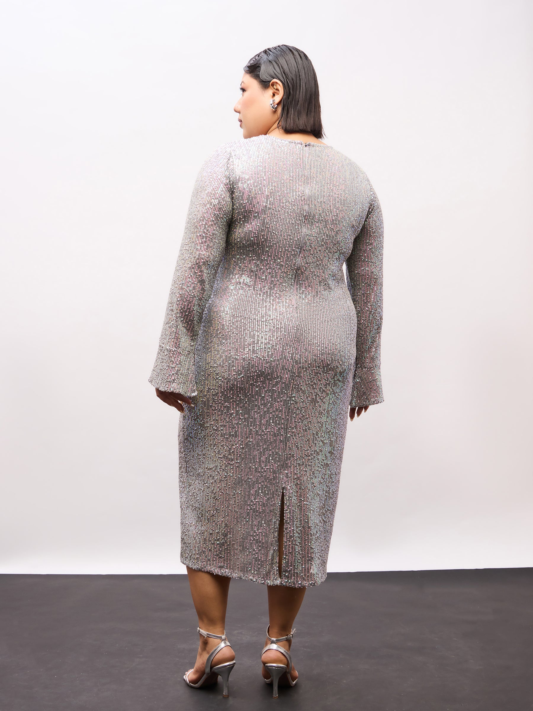 Grey Rainbow Sequence Full Sleeves Midi Dress-SASSAFRAS Curve