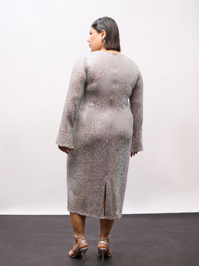 Grey Rainbow Sequence Full Sleeves Midi Dress-SASSAFRAS Curve