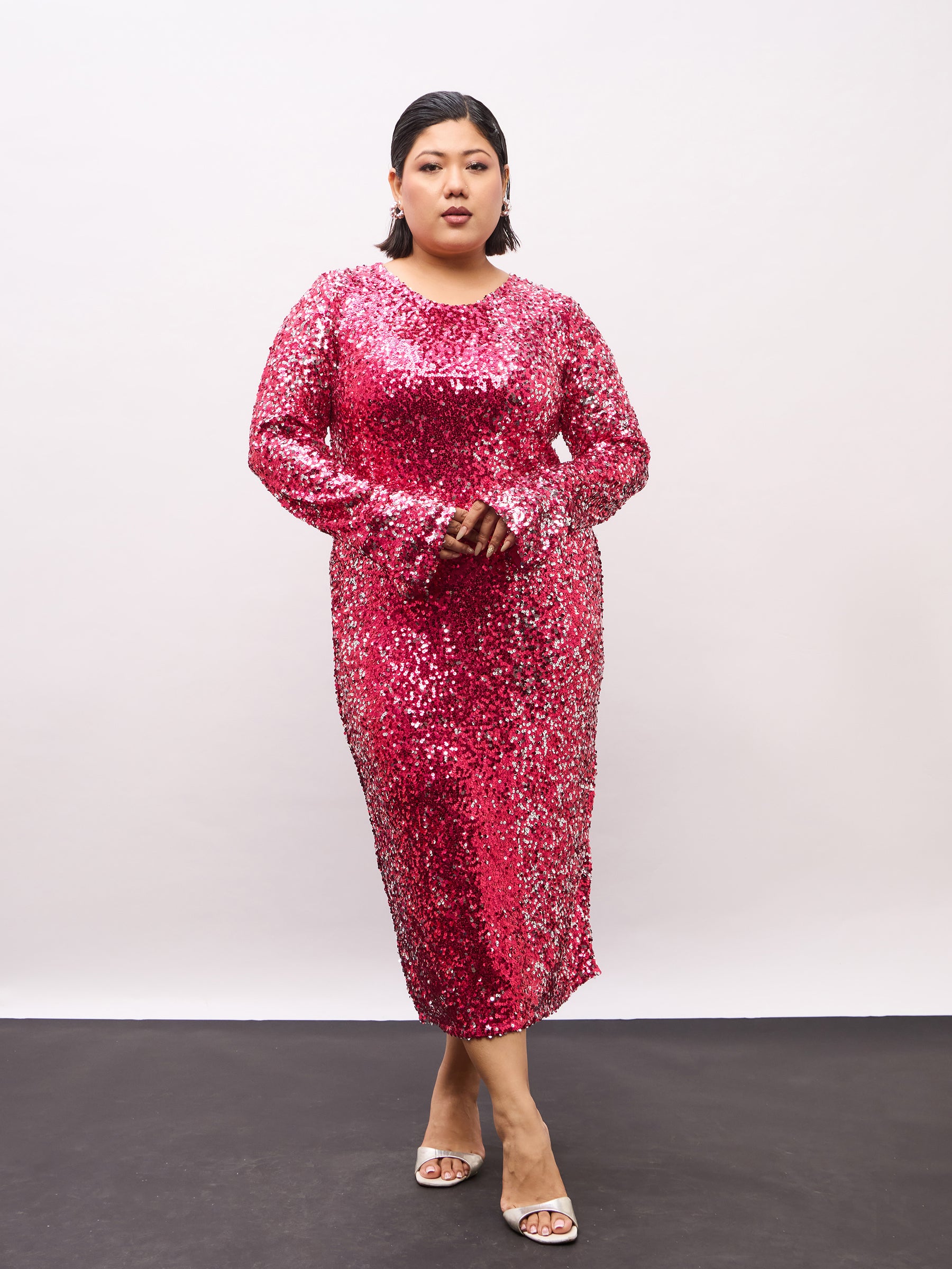 Pink Sequence Full Sleeves Midi Dress-SASSAFRAS Curve