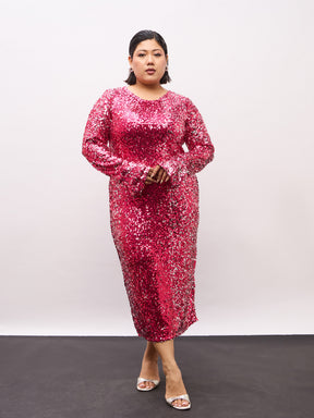 Pink Sequence Full Sleeves Midi Dress-SASSAFRAS Curve