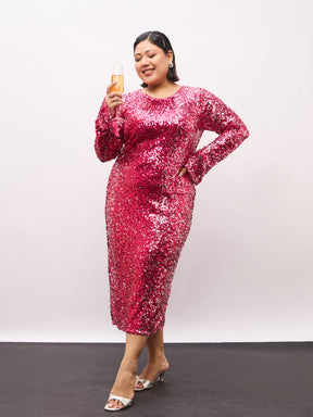 Pink Sequence Full Sleeves Midi Dress-SASSAFRAS Curve