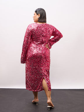 Pink Sequence Full Sleeves Midi Dress-SASSAFRAS Curve