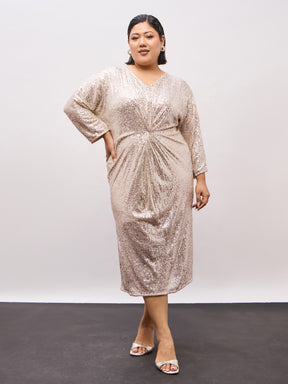 Champagne Gold Sequence Front Knot Midi Dress-SASSAFRAS Curve