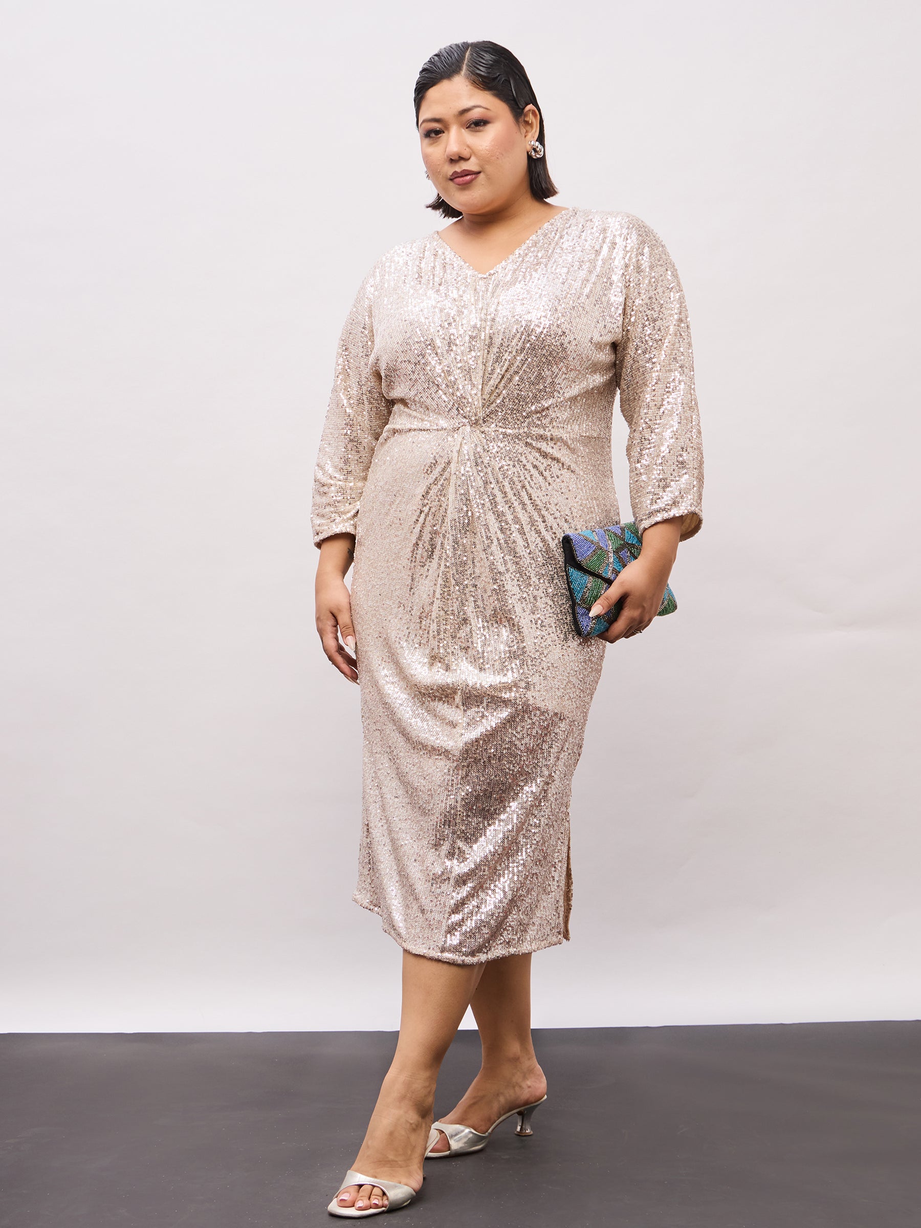 Champagne Gold Sequence Front Knot Midi Dress-SASSAFRAS Curve