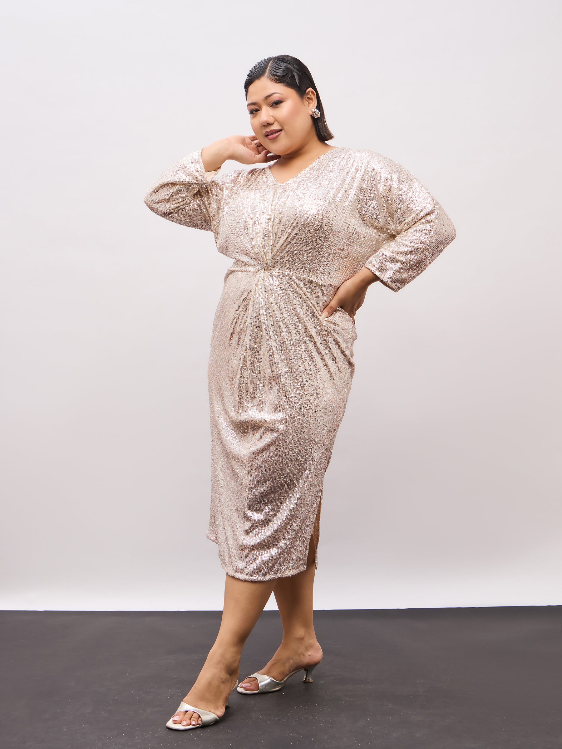 Champagne Gold Sequence Front Knot Midi Dress-SASSAFRAS Curve