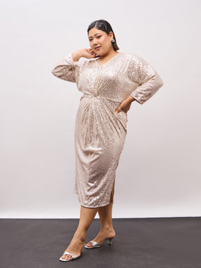 Champagne Gold Sequence Front Knot Midi Dress-SASSAFRAS Curve