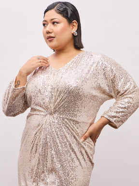 Champagne Gold Sequence Front Knot Midi Dress-SASSAFRAS Curve