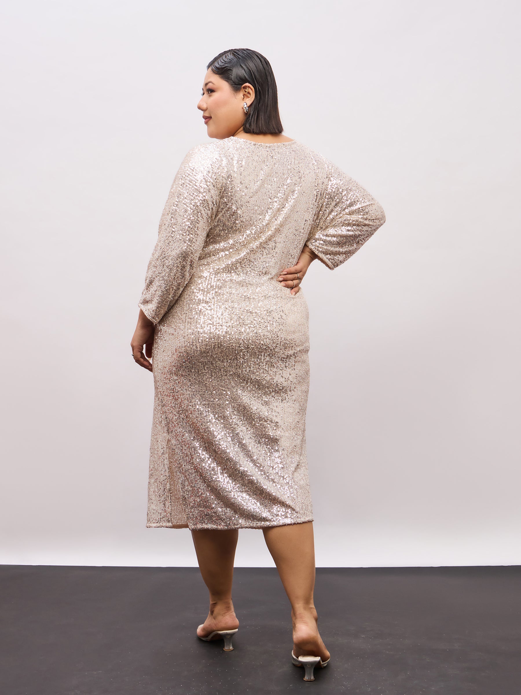 Champagne Gold Sequence Front Knot Midi Dress-SASSAFRAS Curve