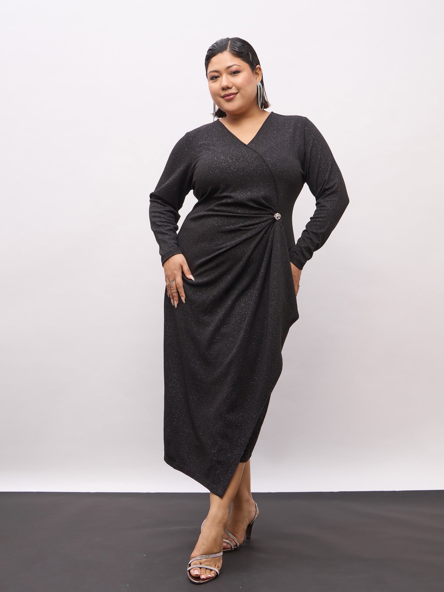 Black Full Sleeves Button Detail Bodycon Dress-SASSAFRAS Curve
