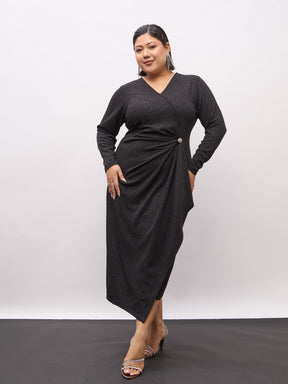 Black Full Sleeves Button Detail Bodycon Dress-SASSAFRAS Curve