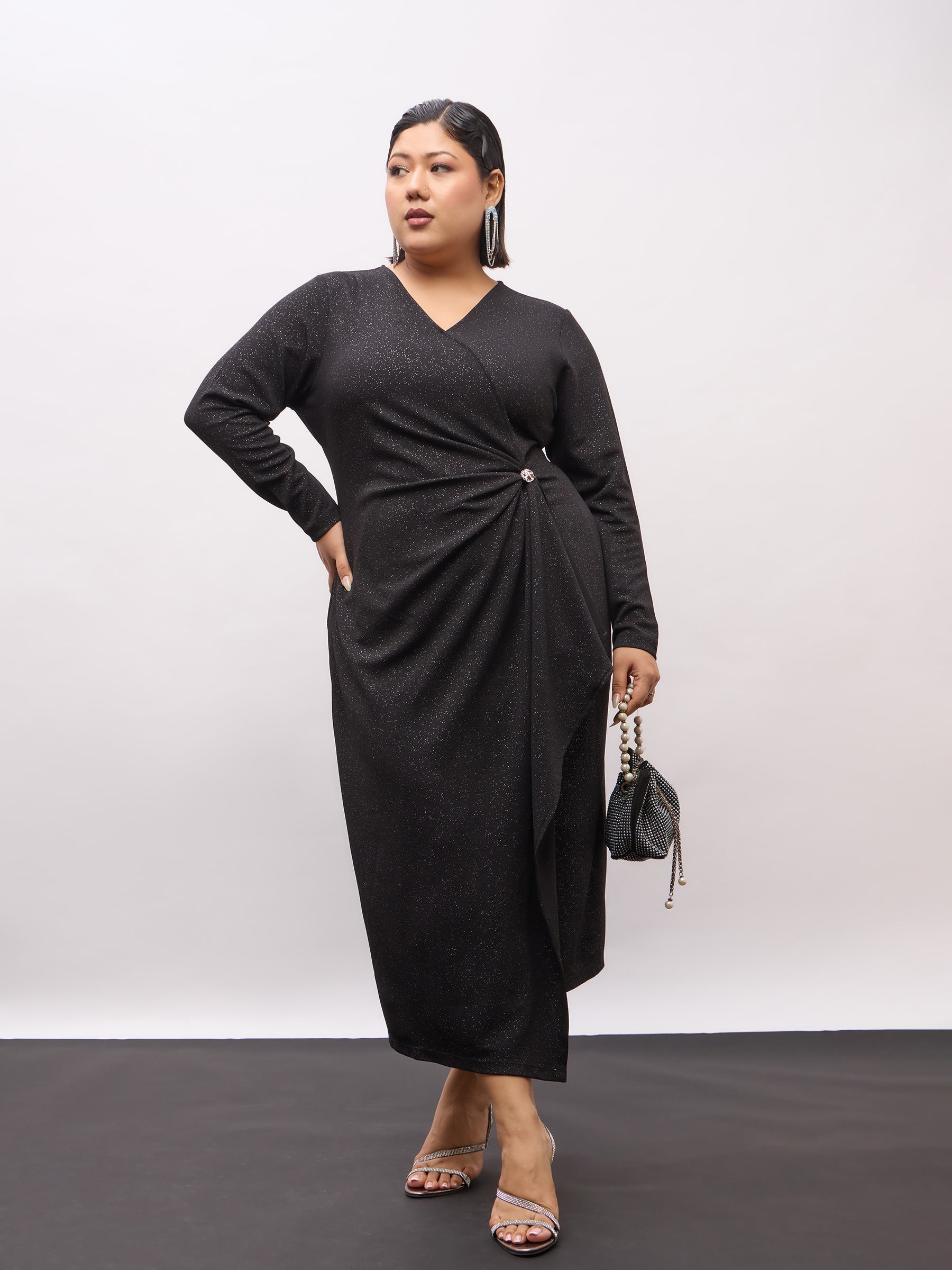 Black Full Sleeves Button Detail Bodycon Dress-SASSAFRAS Curve