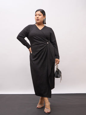 Black Full Sleeves Button Detail Bodycon Dress-SASSAFRAS Curve