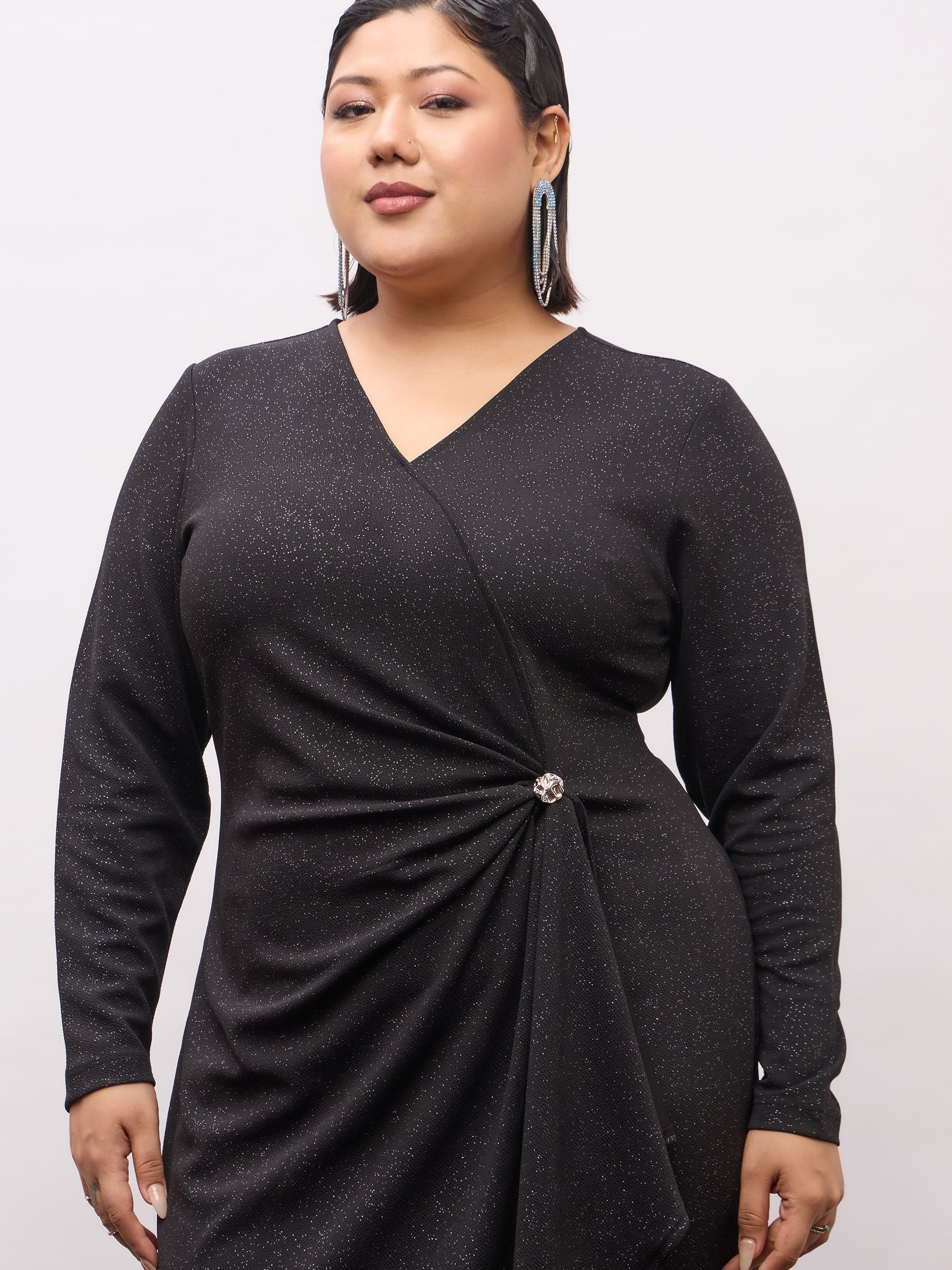 Black Full Sleeves Button Detail Bodycon Dress-SASSAFRAS Curve