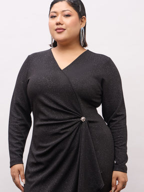 Black Full Sleeves Button Detail Bodycon Dress-SASSAFRAS Curve