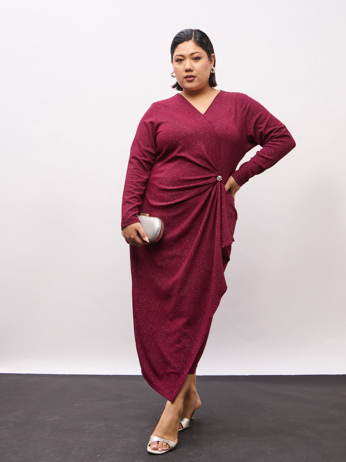 Burgundy Full Sleeves Button Detail Bodycon Dress-SASSAFRAS Curve