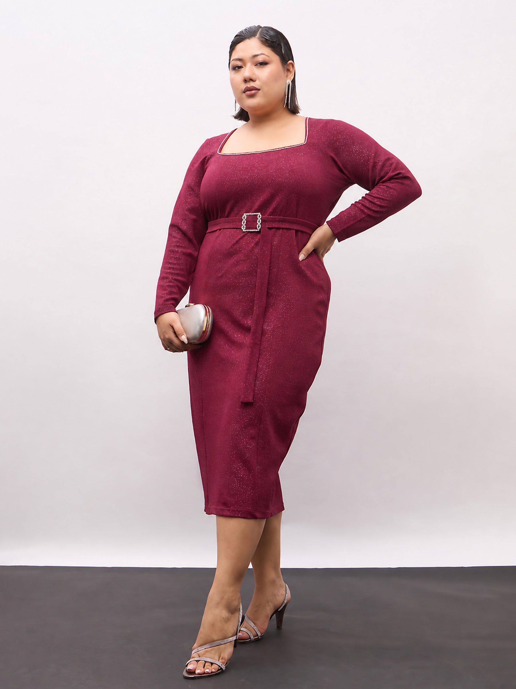 Burgundy Full Sleeves Bodycon Midi Belted Dress-SASSAFRAS Curve