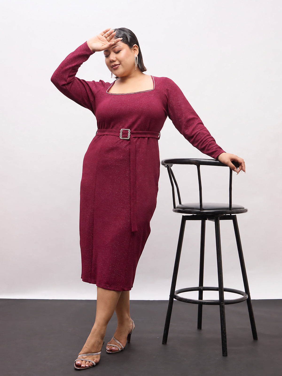 Burgundy Full Sleeves Bodycon Midi Belted Dress-SASSAFRAS Curve