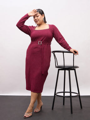 Burgundy Full Sleeves Bodycon Midi Belted Dress-SASSAFRAS Curve
