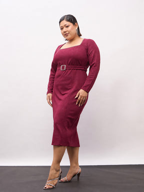 Burgundy Full Sleeves Bodycon Midi Belted Dress-SASSAFRAS Curve