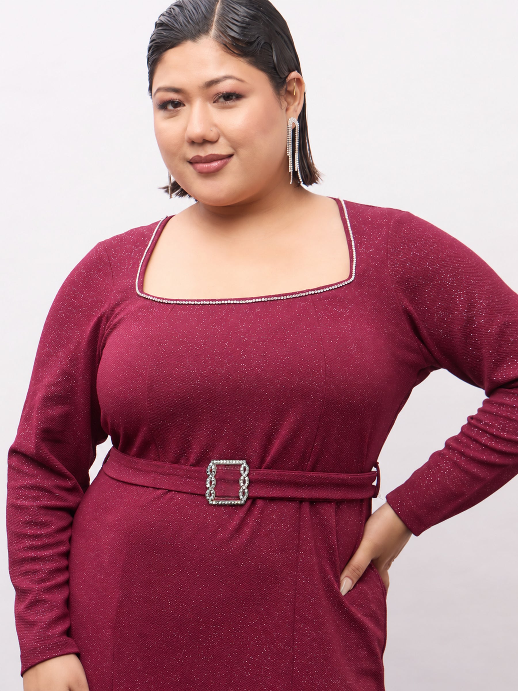 Burgundy Full Sleeves Bodycon Midi Belted Dress-SASSAFRAS Curve