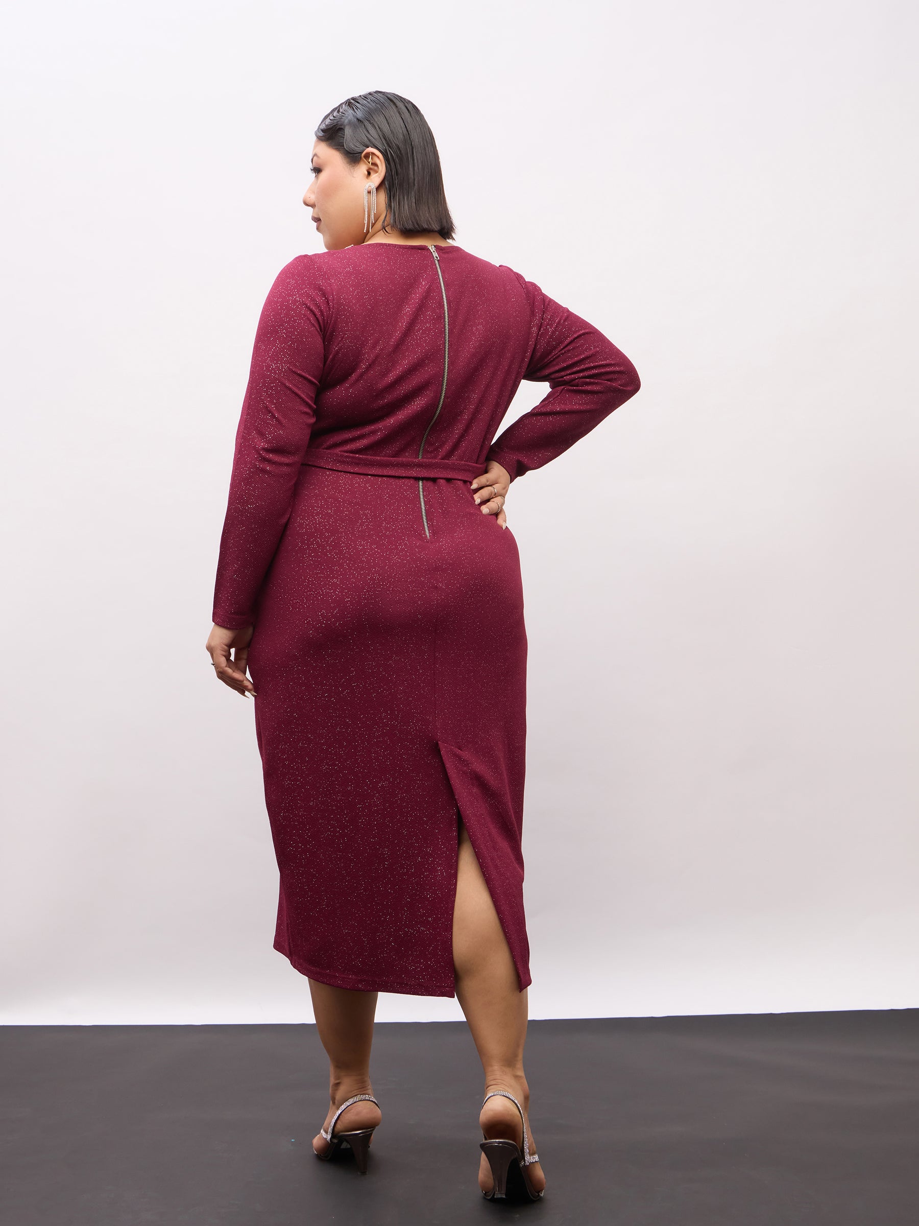 Burgundy Full Sleeves Bodycon Midi Belted Dress-SASSAFRAS Curve