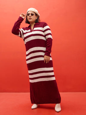Maroon & White Striped Acrylic Wool Collar Maxi Dress-SASSAFRAS Curve