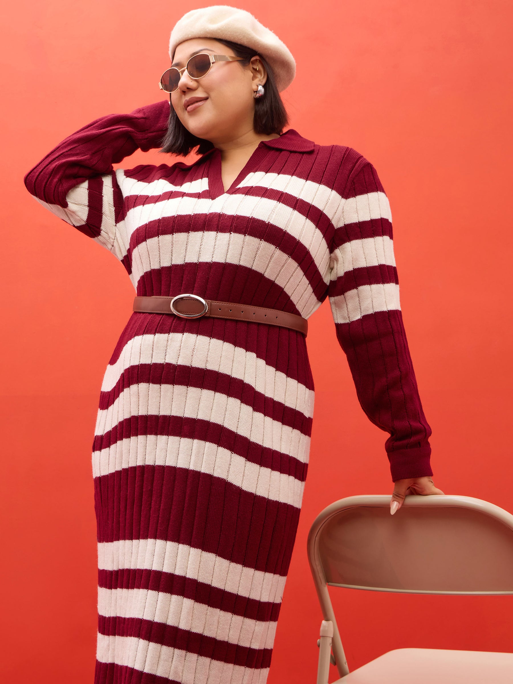 Maroon & White Striped Acrylic Wool Collar Maxi Dress-SASSAFRAS Curve