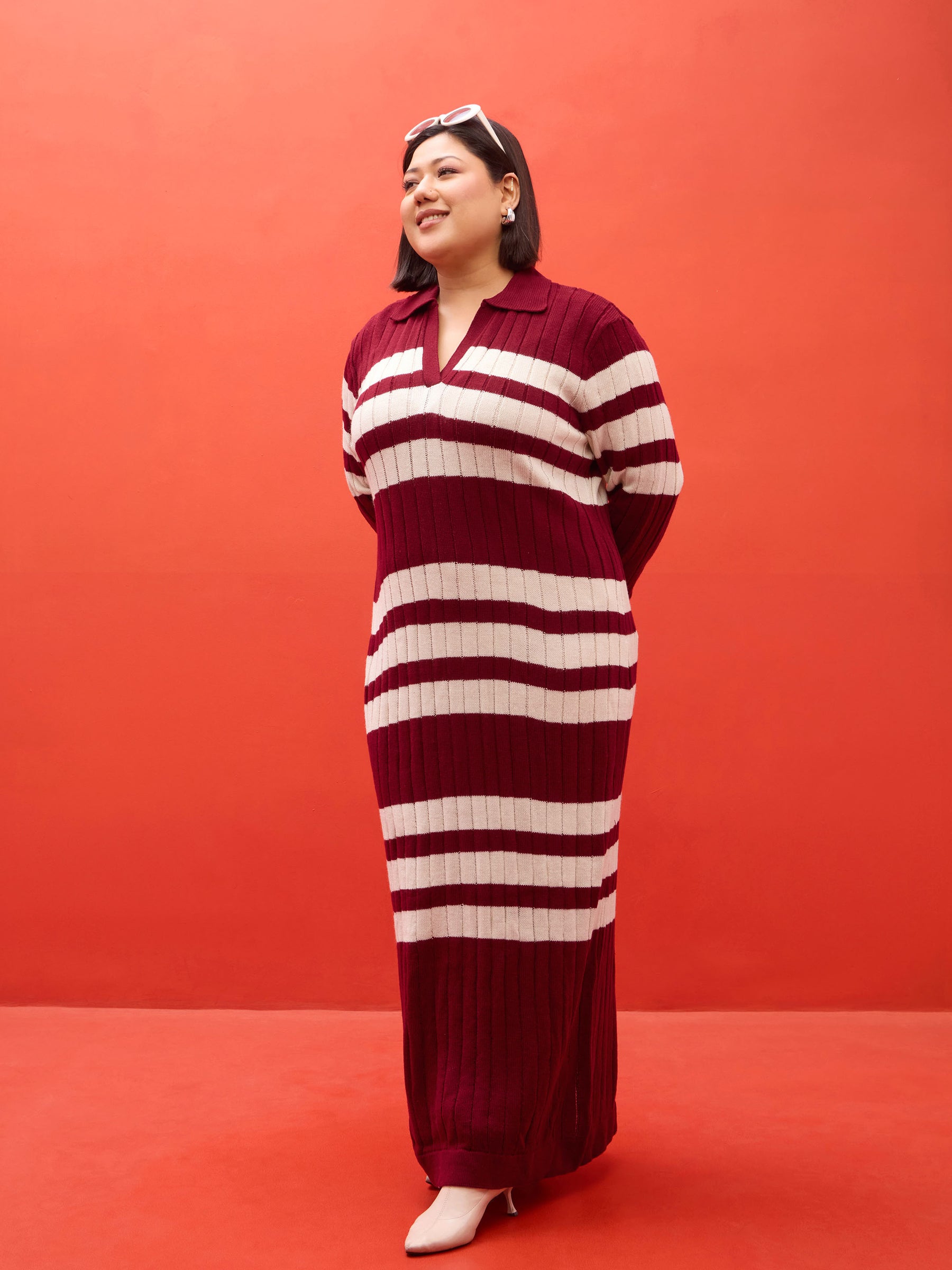 Maroon & White Striped Acrylic Wool Collar Maxi Dress-SASSAFRAS Curve