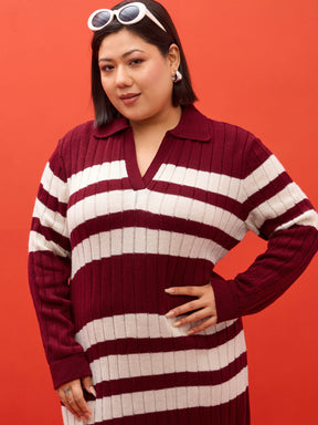 Maroon & White Striped Acrylic Wool Collar Maxi Dress-SASSAFRAS Curve