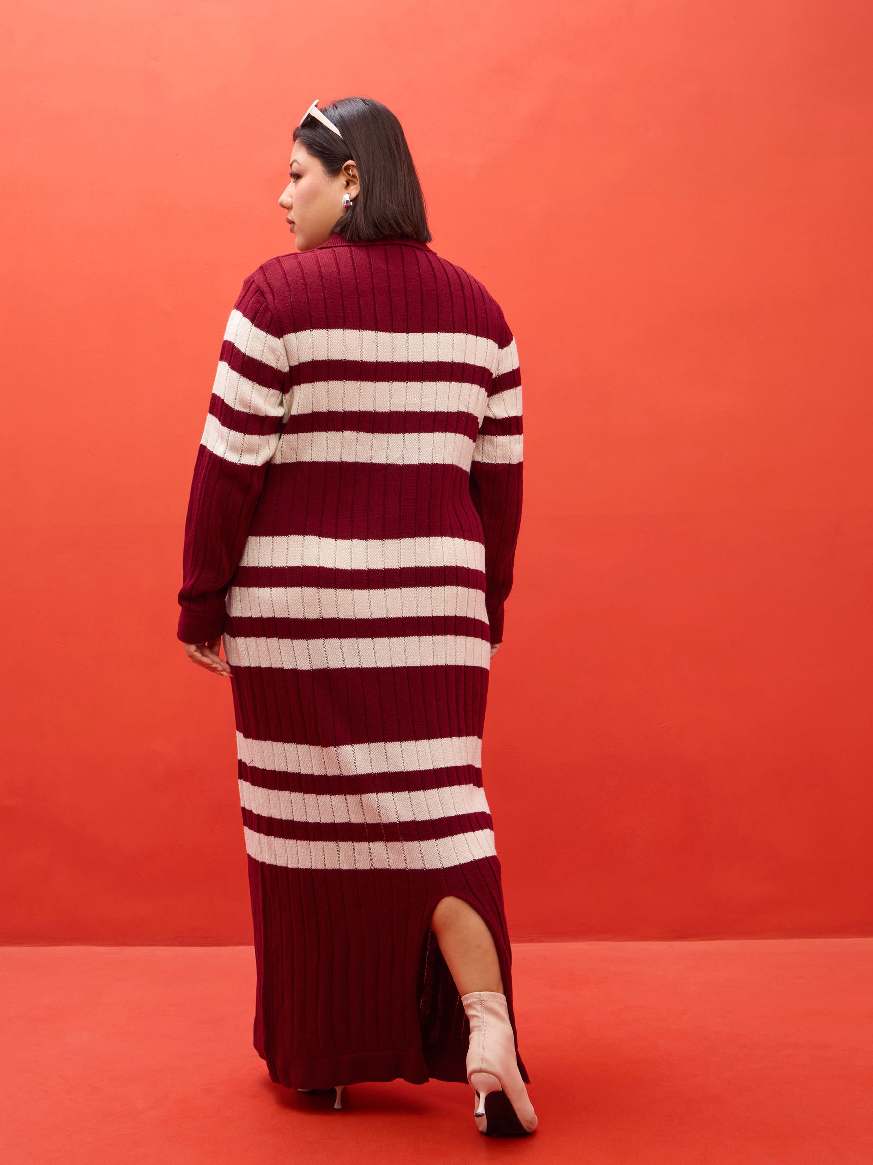 Maroon & White Striped Acrylic Wool Collar Maxi Dress-SASSAFRAS Curve