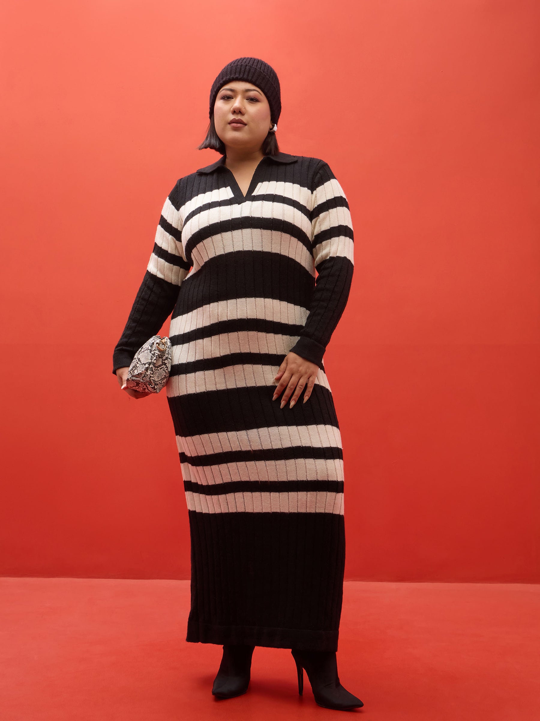 Black & White Striped Acrylic Wool Collar Maxi Dress-SASSAFRAS Curve