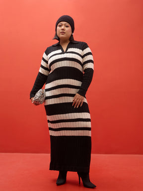 Black & White Striped Acrylic Wool Collar Maxi Dress-SASSAFRAS Curve