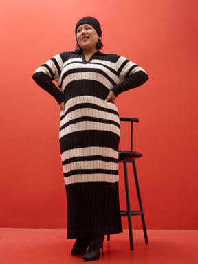 Black & White Striped Acrylic Wool Collar Maxi Dress-SASSAFRAS Curve
