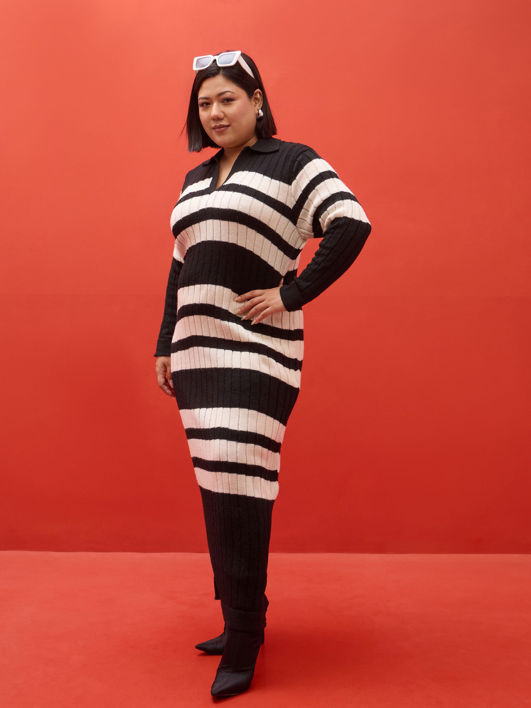 Black & White Striped Acrylic Wool Collar Maxi Dress-SASSAFRAS Curve