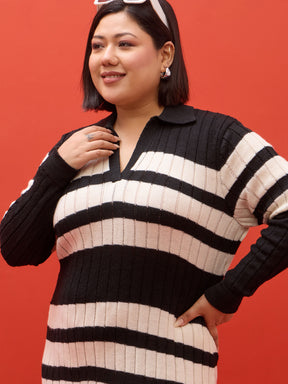 Black & White Striped Acrylic Wool Collar Maxi Dress-SASSAFRAS Curve