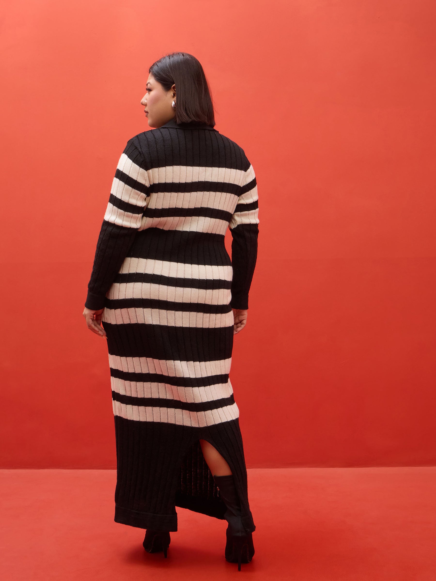 Black & White Striped Acrylic Wool Collar Maxi Dress-SASSAFRAS Curve