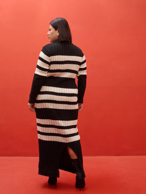 Black & White Striped Acrylic Wool Collar Maxi Dress-SASSAFRAS Curve